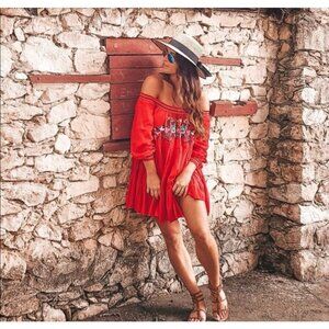 NEW! Free People Sunbeams Off the Shoulder Dress Embroidered Boho Red SZ M